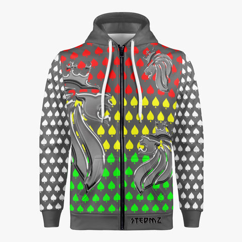 Retro Rasta Lion Aces Zip Up Hoodie Grey.